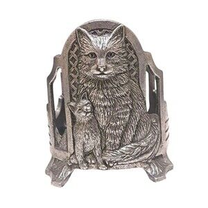 Vintage Cat & Kitten Pewter Large Jar Candle Holder Footed Cast Metal Carson EUC